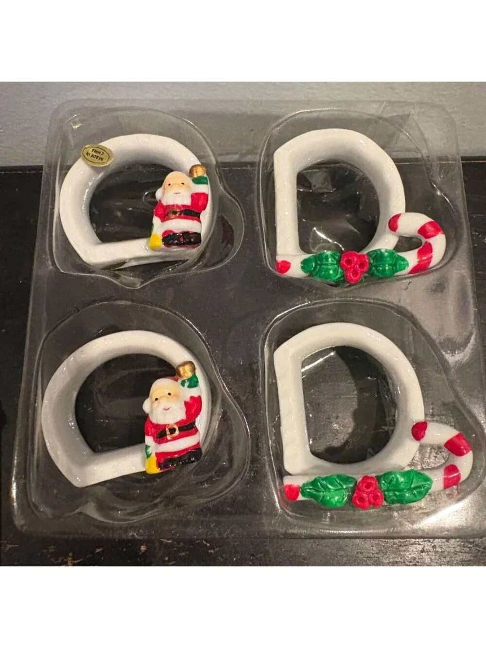 Set Of 4 Porcelain Christmas Napkin Rings Santa & Candy Cane Design
